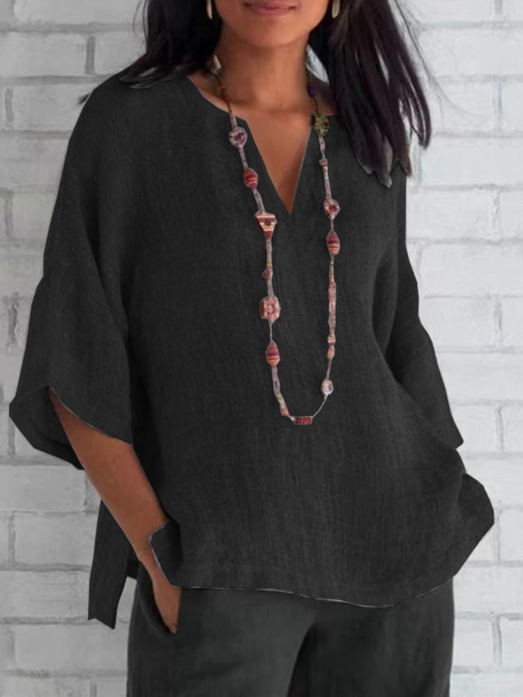 Manias | Blusa feminina de linho leve com decote em V azul