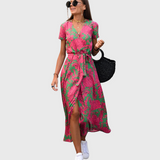 Luisa - Vestido longo elegante com mangas curtas e cinto