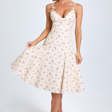 Vestido Midi A-Line com Detalhe de Laço em Estampa de Rosa Pequena