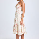 Vestido Midi A-Line com Detalhe de Laço em Estampa de Rosa Pequena