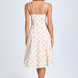 Vestido Midi A-Line com Detalhe de Laço em Estampa de Rosa Pequena