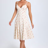 Vestido Midi A-Line com Detalhe de Laço em Estampa de Rosa Pequena