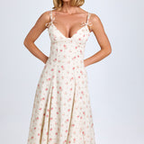 Vestido Midi A-Line com Detalhe de Laço em Estampa de Rosa Pequena