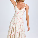 Vestido Midi A-Line com Detalhe de Laço em Estampa de Rosa Pequena