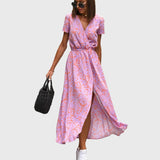 Luisa - Vestido longo elegante com mangas curtas e cinto