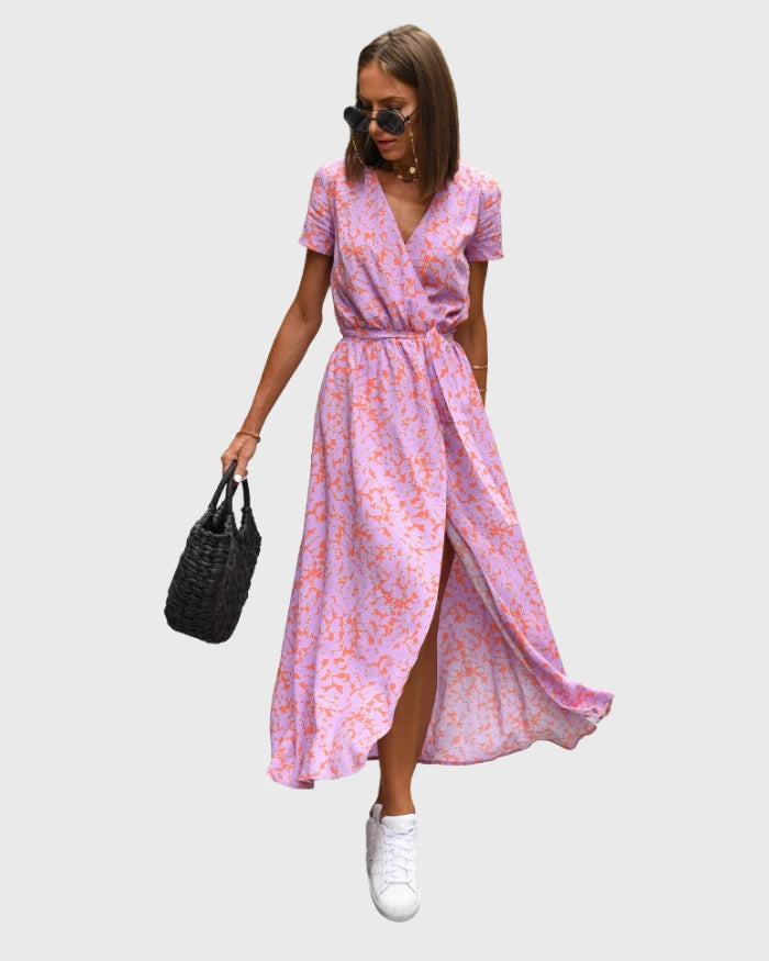 Luisa - Vestido longo elegante com mangas curtas e cinto