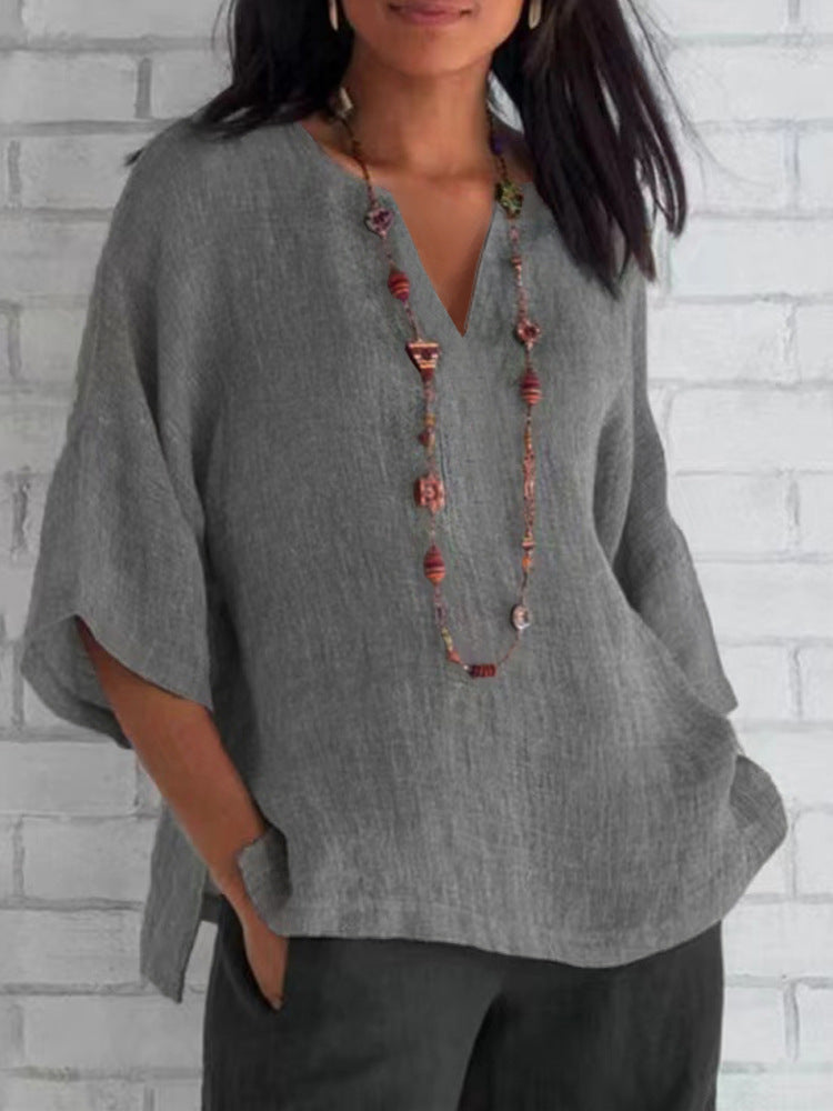 Manias | Blusa feminina de linho leve com decote em V azul
