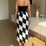 Vestido midi Amélia geométrico e sofisticado