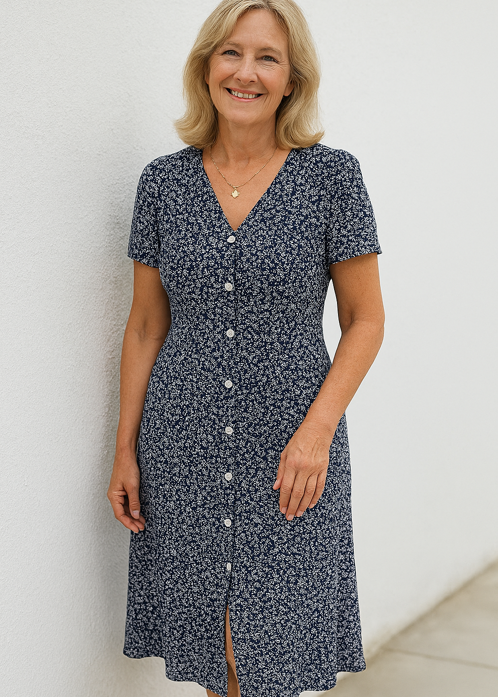 Rayella - Vestido Midi com Decote em V e Botões