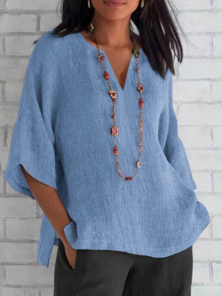 Manias | Blusa feminina de linho leve com decote em V azul