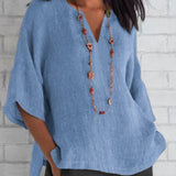 Manias | Blusa feminina de linho leve com decote em V azul