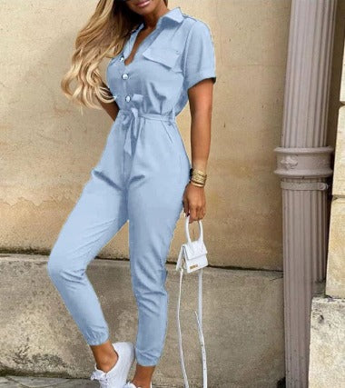 Marta - Macacão de Manga Curta com Lapela em Cor Sólida