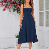 Vestido Cami com Decote Pregueado e Fenda na Coxa