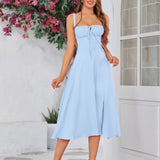 Vestido Cami com Decote Pregueado e Fenda na Coxa