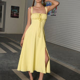 Vestido Cami com Decote Pregueado e Fenda na Coxa