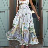 Vestido longo Isadora com estampa artística e laços nos ombros