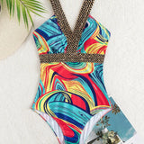 Traudel™ – Bedruckter V-Ausschnitt Badeanzug