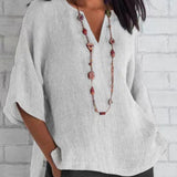 Manias | Blusa feminina de linho leve com decote em V azul