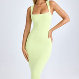 Vestido Midi de Decote Quadrado em Verde Matcha