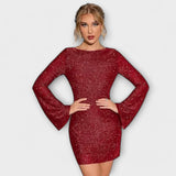 Vestido de Lantejoulas Sem Costas com Mangas Longas