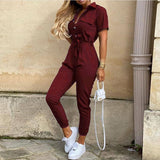 Marta - Macacão de Manga Curta com Lapela em Cor Sólida