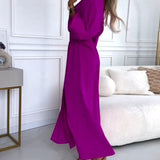 Isabela - Vestido elegante roxo de manga longa com decote em V