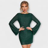 Vestido de Lantejoulas Sem Costas com Mangas Longas