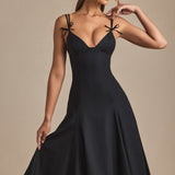 Vestido Midi A-Line com Detalhe de Laço em Preto