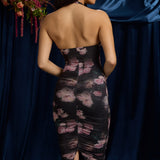 Vestido Midi com Decote em U e Pregas em Preto com Estampa Floral