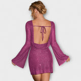 Vestido de Lantejoulas Sem Costas com Mangas Longas